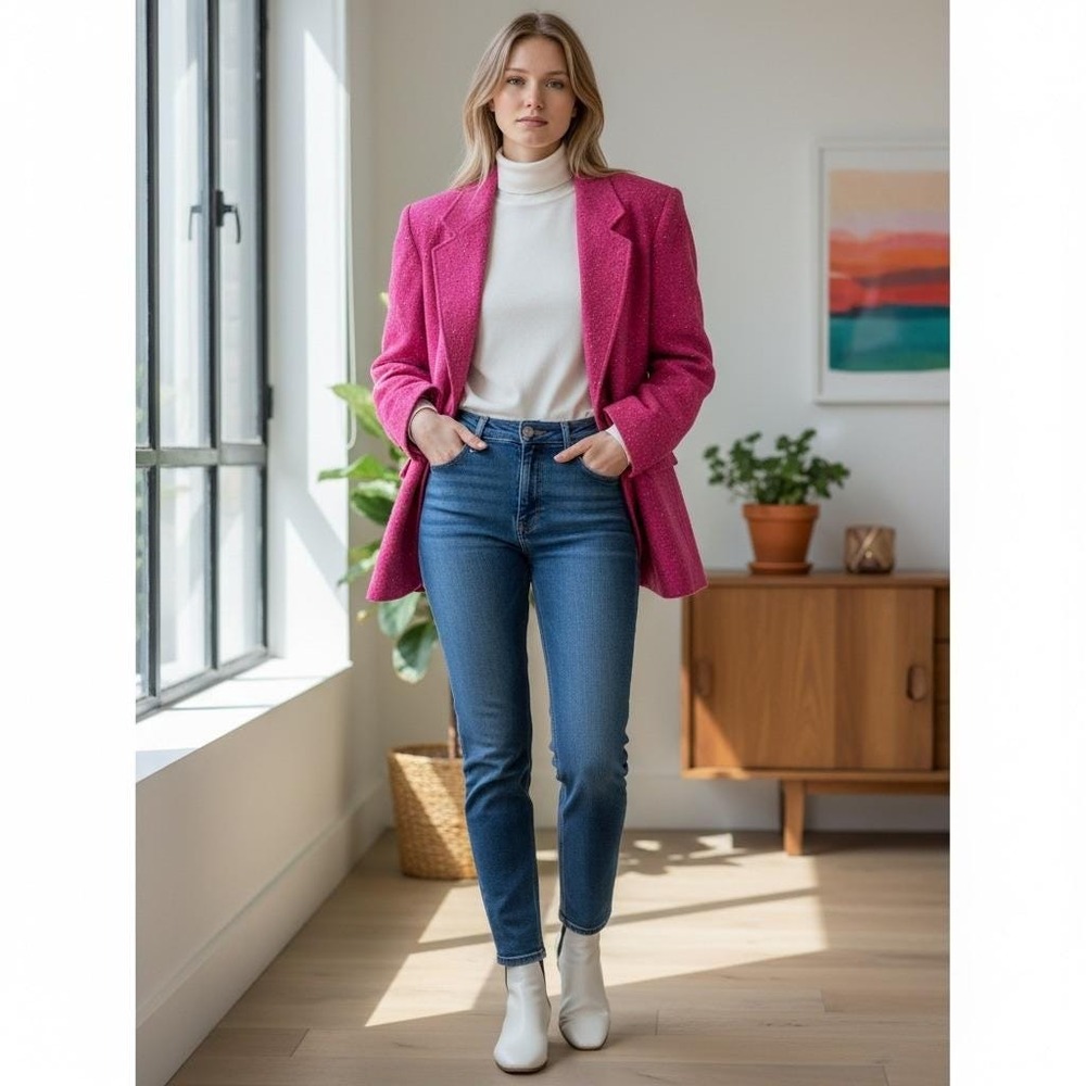 Vintage 80s Lizsport Blazer 12 Pink Wool Blend Confetti Tweed Statement Piece